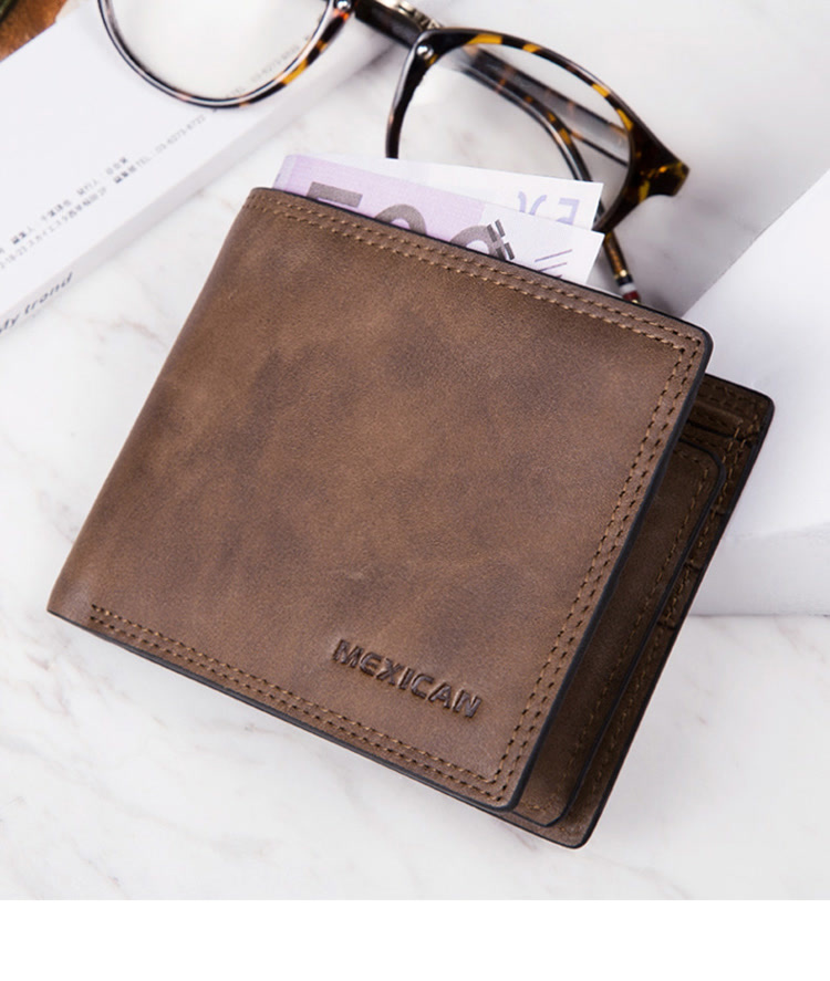 稻草人mexican男士钱包头层牛皮横款钱夹真皮短款钱包多卡位卡包磨砂